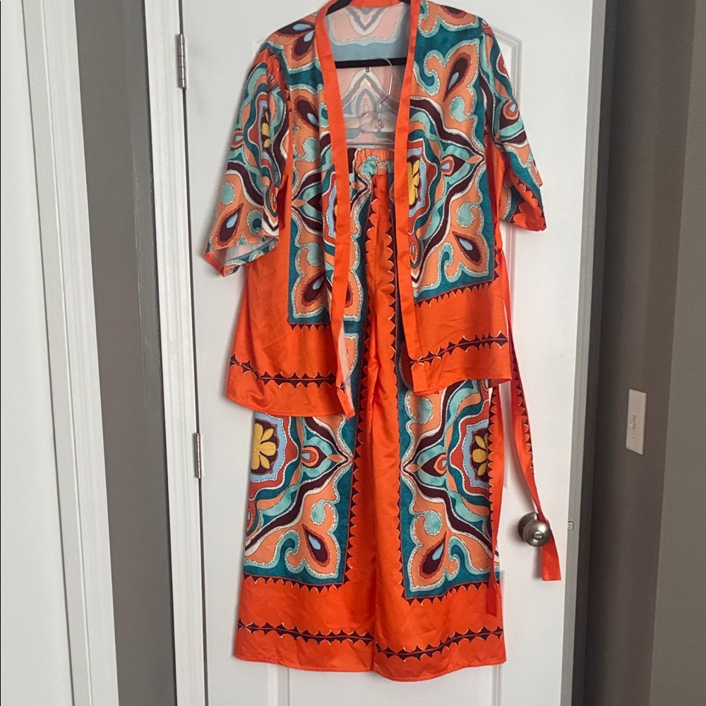 Vibrant Orange Printed Women's Two-Piece Robe Set